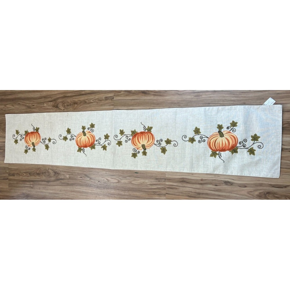Inspired Treasures Pumpkin Embroidered Table Runner Fall Harvest 72 Inch